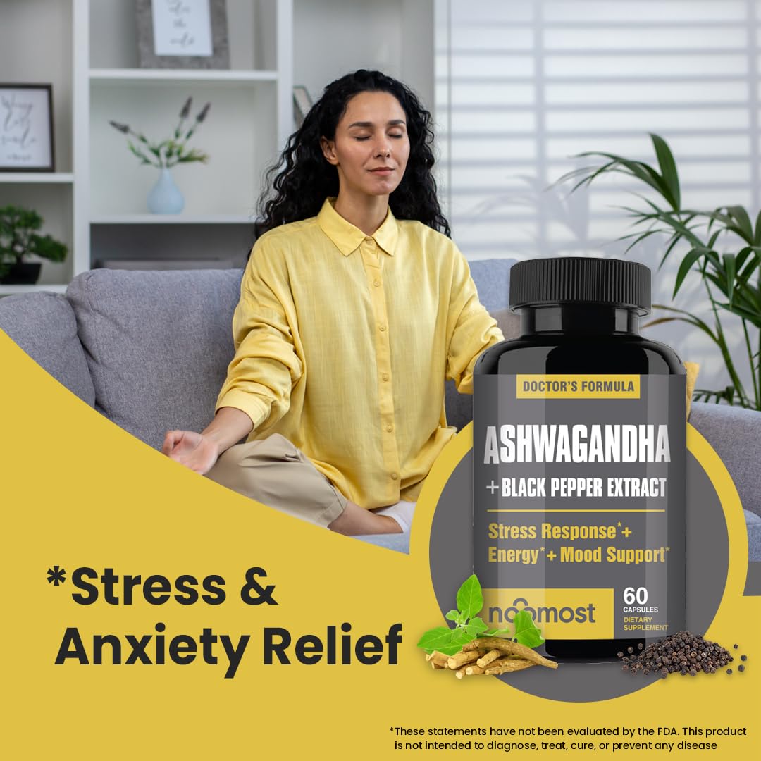 NooMost Organic Ashwagandha 400mg Capsules w/Black Pepper Extract as Vegan Ashwagandha Supplements for Anti Stress Relief, Natural Mood Support, Energy & Focus-60 Capsules NooMostBuy Supplements Australia