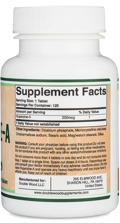 Huperzine A 200mcg (Third Party Tested) 120 Tablets, Brain Supplement to Promote Acetylcholine (Acetylcholinesterase Inhibitor) - Supports Memory and Focus by Double Wood Double Wood SupplementsBuy Supplements Australia