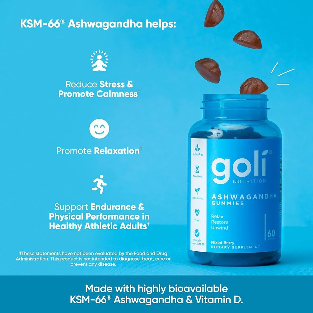 Goli Ashwagandha & Vitamin D Gummy - 60 Count - Mixed Berry, KSM-66, Vegan, Plant Based, Non-GMO, Gluten-Free & Gelatin Free Relax. Restore. Unwind, Pack of 1 GoliBuy Supplements Australia