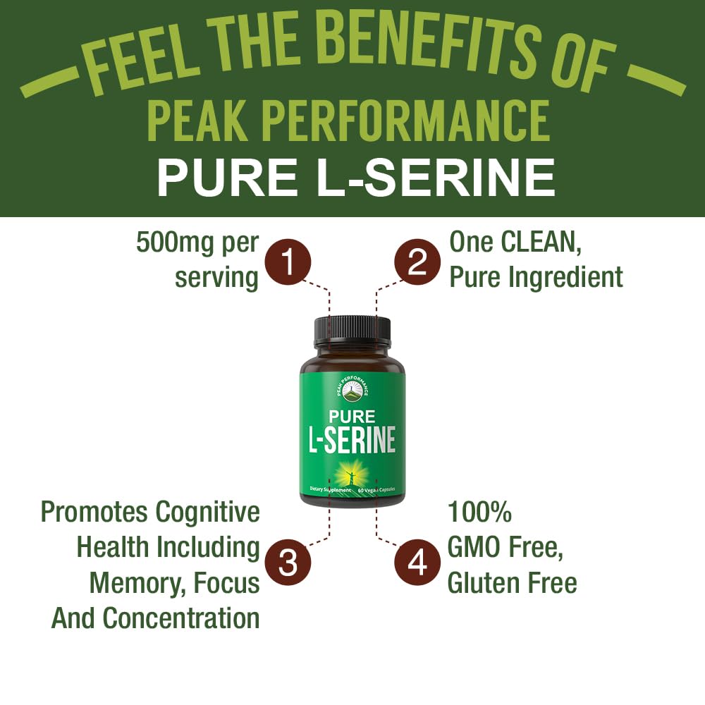 Peak Performance L-Serine Capsules 500mg Best Brain and Nootropic Amino Acids for Production of L-Cystine, L-Tryptophan and Serotonin. USA Grade L Serine Pills. Non-GMO Supplement (60 Servings) Peak PerformanceBuy Supplements Australia