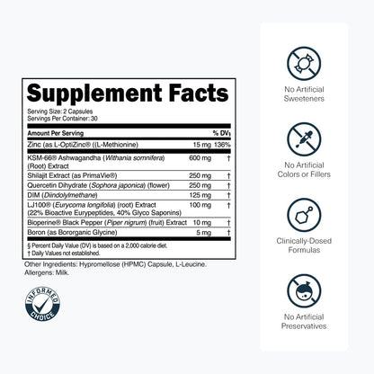 Transparent Labs Vitality Men with Ashwagandha KSM-66, PrimaVie Shilajit Extract, & DIM to Support Vitality, & Bioavailable - 60 Count