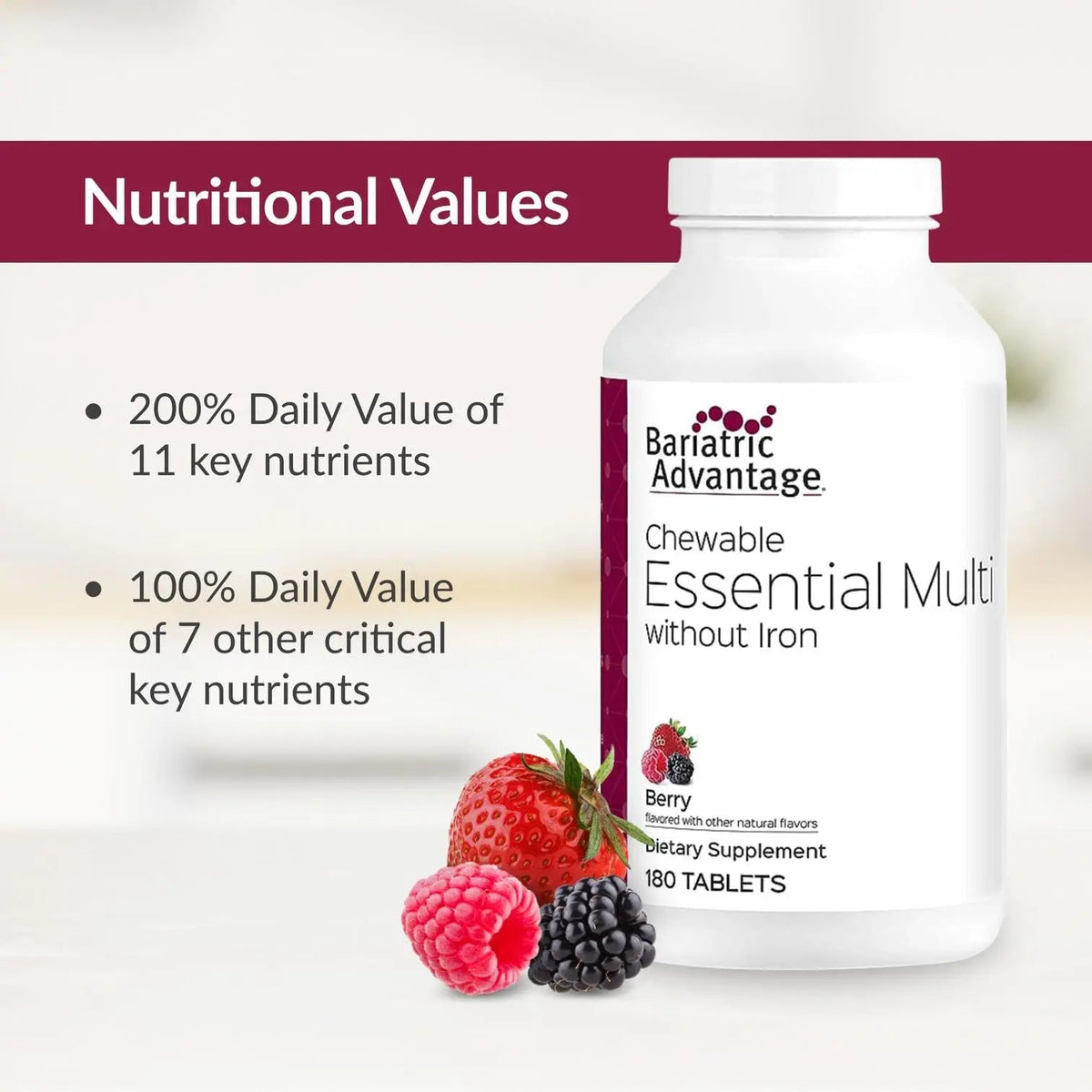 Bariatric Advantage Chewable Essential Multivitamin Without Iron - 200 DV of Key Nutrients - Trace Mineral Support Bariatric Advantage