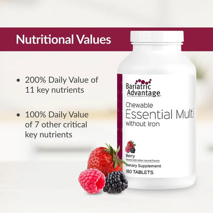 Bariatric Advantage Chewable Essential Multivitamin Without Iron - 200 DV of Key Nutrients - Trace Mineral Support Bariatric Advantage