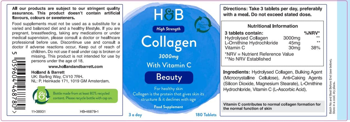 Holland & Barrett Bovine Collagen Tablet 3000mg - Type I Collagen Peptides - Hydrolysed Collagen with Vitamin C - Hair, Skin & Nails Holland & BarrettBuy Supplements Australia