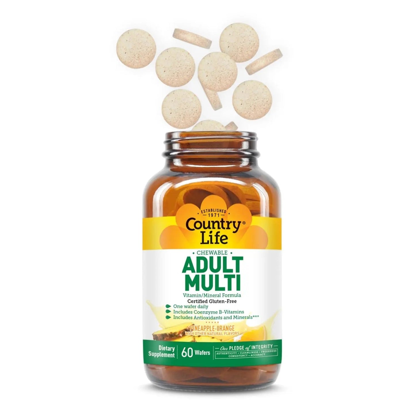 Country Life Adult Chewable Multivitamin with Coenzyme B-Vitamins, Antioxidants, Minerals, Pineapple-Orange Flavor Country Life