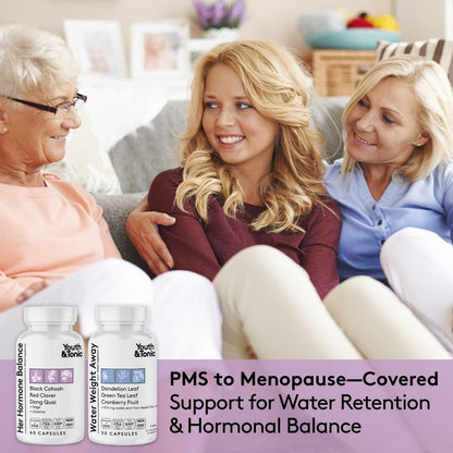 Youth & Tonic PMS & Menopause Bloating Relief Duo – Support for Puffiness, Hormonal Balance & Fluid Retention – Her Hormone Balance + Water Weight Away Natural Herbs for Women, 90 Capsules Youth & TonicBuy Supplements Australia