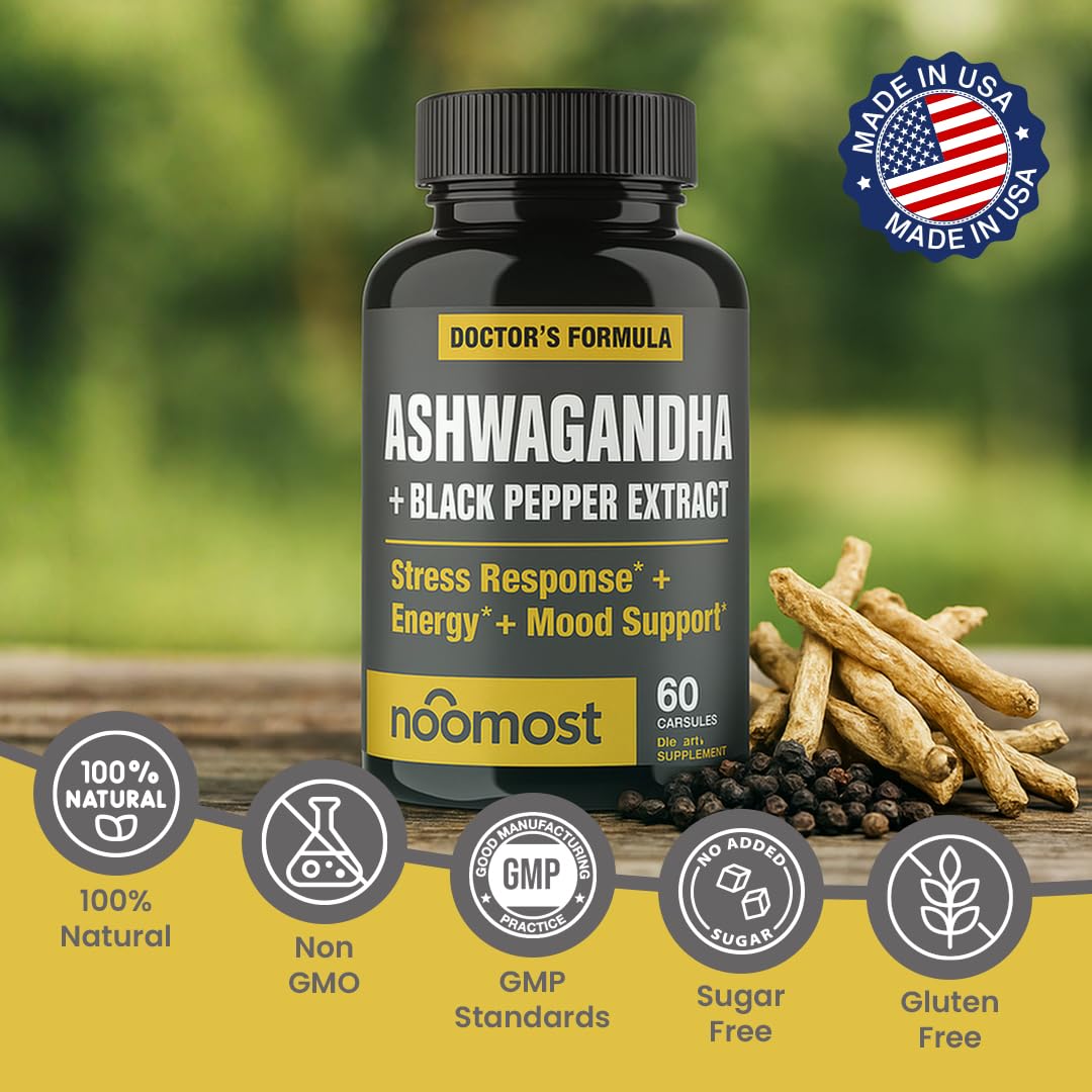 NooMost Organic Ashwagandha 400mg Capsules w/Black Pepper Extract as Vegan Ashwagandha Supplements for Anti Stress Relief, Natural Mood Support, Energy & Focus-60 Capsules NooMostBuy Supplements Australia