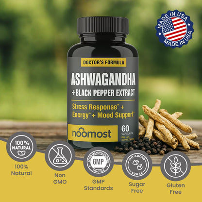 NooMost Organic Ashwagandha 400mg Capsules w/Black Pepper Extract as Vegan Ashwagandha Supplements for Anti Stress Relief, Natural Mood Support, Energy & Focus-60 Capsules NooMostBuy Supplements Australia