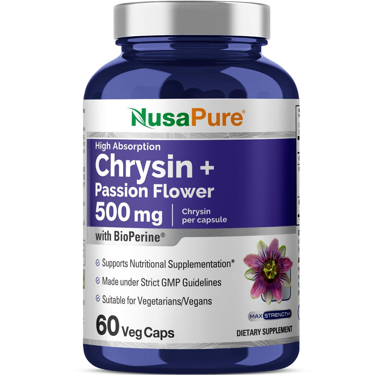 NusaPure Chrysin 500mg, 60 Veggie Capsules | Passion Flower Complex 500mg Supplement | 5, 7-Dihydroxyflavone | Concentrated Extract | Non-GMO, BioPerine & Vegan NusaPureBuy Supplements Australia