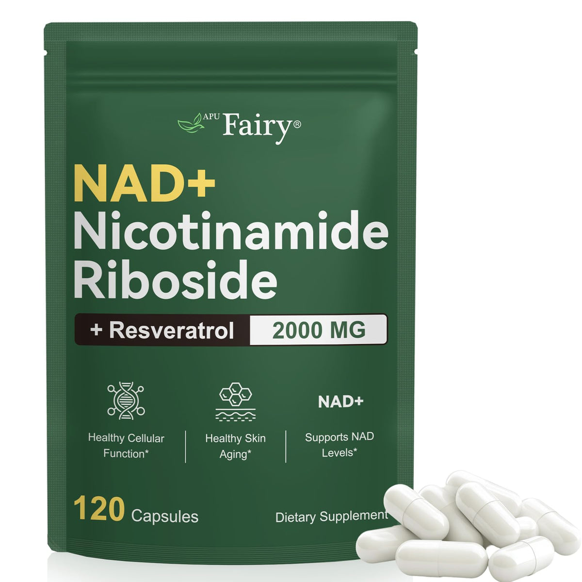 Fairy NAD+ Nicotinamide Riboside dietary supplement package with capsules on a white background