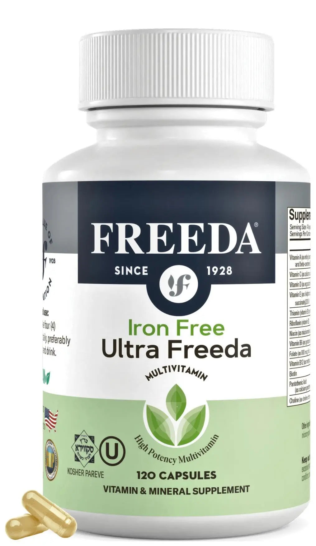 FREEDA Ultra Multivitamin Capsules – High-Potency Daily Supplement for Men & Women – Iron-Free – 120 Count – Kosher Certified FREEDA