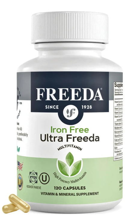 FREEDA Ultra Multivitamin Capsules – High-Potency Daily Supplement for Men & Women – Iron-Free – 120 Count – Kosher Certified FREEDA