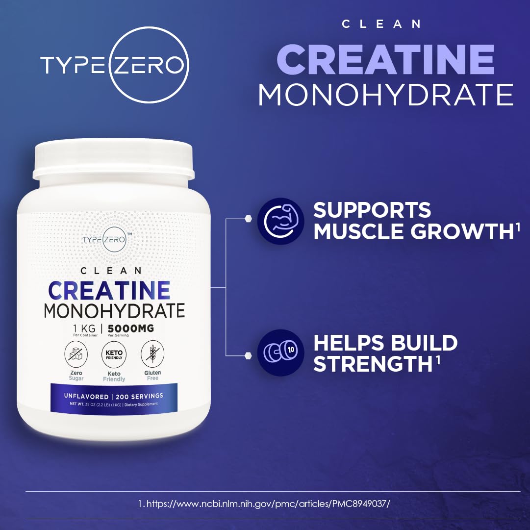 Type Zero Creatine Monohydrate (Unflavored) 1 KG, 5000mg (5g) Per Serving, Micronized, Zero Sugar, Keto Friendly & Gluten Free, 200 Servings Type ZeroBuy Supplements Australia