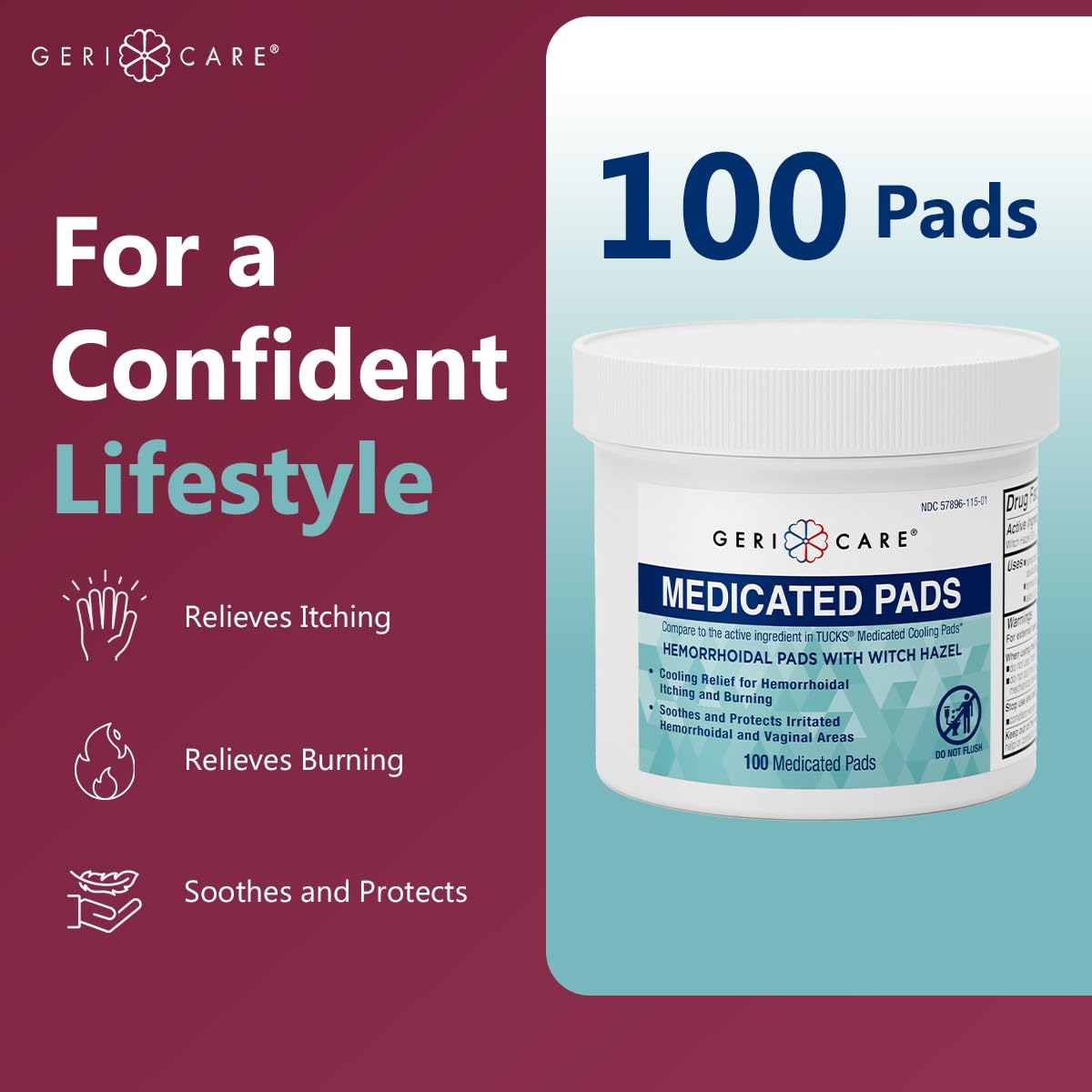 GeriCare Medicated Cooling Pads with Witch Hazel. for Soothing Itch, Discomfort, and Burning, Pre-Moistened Pads Ideal for Sensitive Areas, 100 Count (Pack of 1) GeriCareBuy Supplements Australia