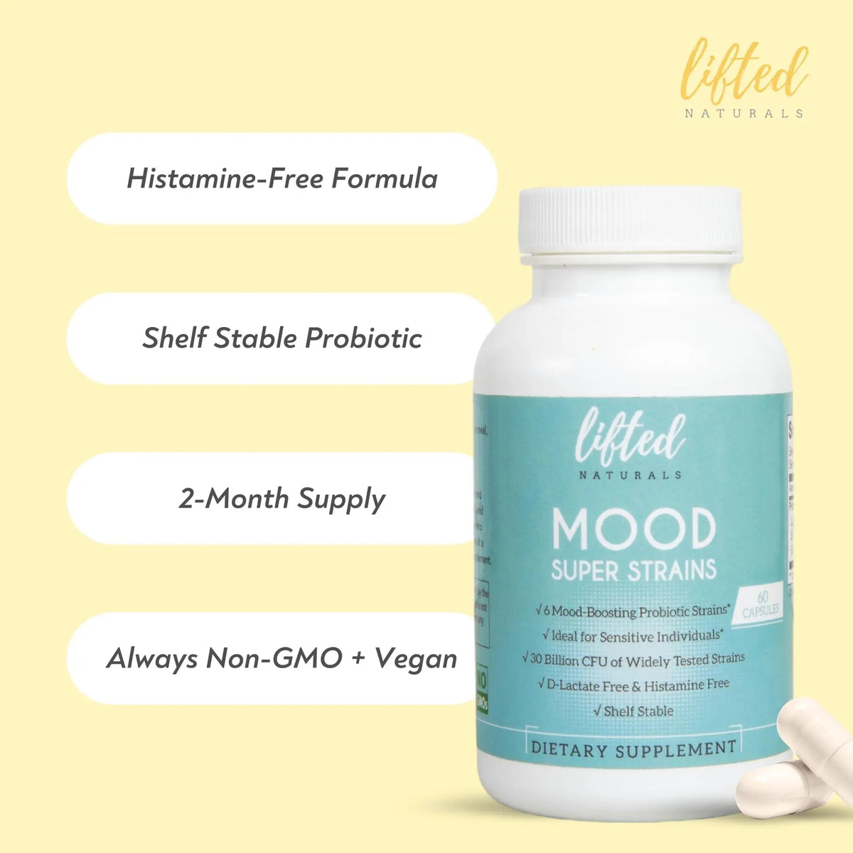 Probiotics - Mood Super Strains Probiotic - Naturally Supports Digestion & Mood - Histamine-Free Probiotics w/ L Rhamnosus GG, Shelf Stable Probiotic Supplement, 60 Day Supply, Non-GMO, VEGAN Lifted NaturalsBuy Supplements Australia