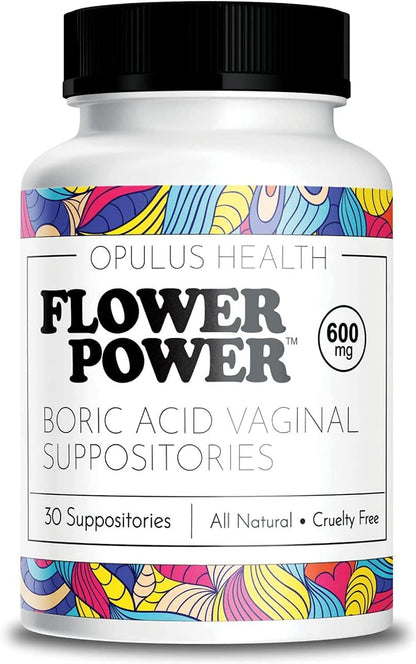 Flower Power Vegan Boric Acid Suppositories - 30 Capsules - 600mg for Vaginal Odor and pH Balance - Made in USA Flower PowerBuy Supplements Australia