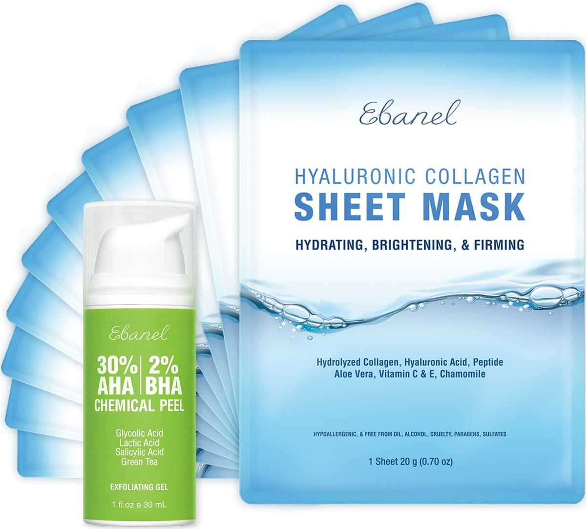 Ebanel Bundle of 30% AHA 2% BHA Chemical Peel and 10 Pack Collagen Face Mask Ebanel buy supplements Au