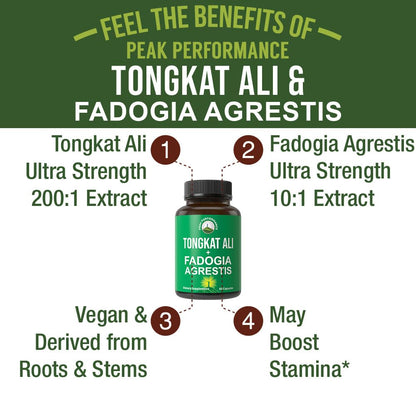 Tongkat Ali + Fadogia Agrestis 2-in-1 T Supplement for Men. Ultra High Strength Tongkat-Ali Longjack Extract + Fadogia Agrestis Extract. Vegan Capsules. Support Natural Energy. USA Tested Pills Peak PerformanceBuy Supplements Australia