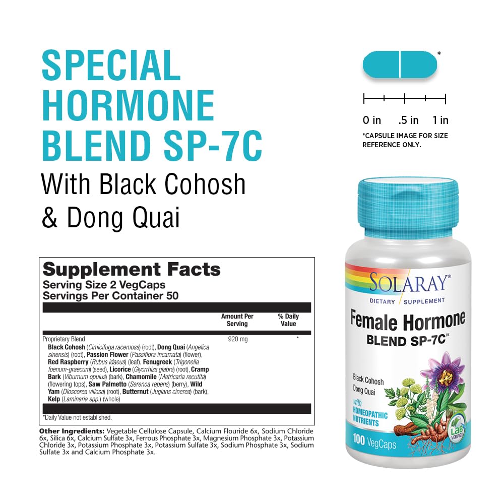 SOLARAY Female Hormone Blend SP-7C | W/Black Cohosh, Dong Quai, Passion Flower, Wild Yam & More | 100 VegCaps, 50 Serv. SOLARAYBuy Supplements Australia