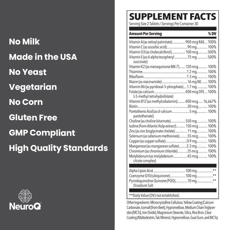 NeuroQ Daily Essentials Multivitamin – High‑Potency Brain & Body Support with Choline 550 mg, PQQ, CoQ10, Alpha Lipoic Acid LifeSeasons