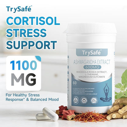 TrySafe 1100MG Cortisol Supplements for Women and Man with 600MG Ashwagandha, 200MG Rhodiola Rosea, 200MG L-Theanine, 100MG Magnesium Glycinate | for Healthy Stress Response*, Mood* TrySafeBuy Supplements Australia