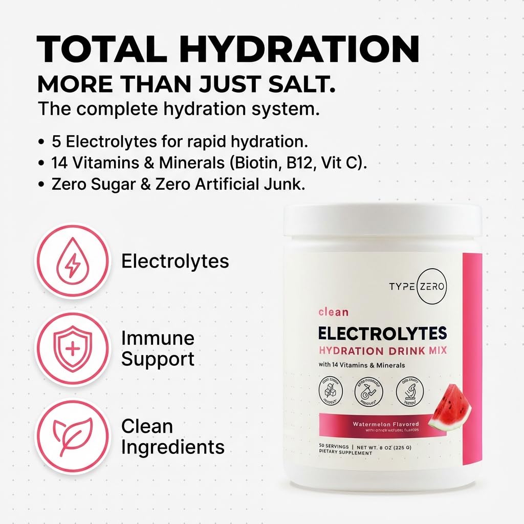 Type Zero Clean Electrolytes Hydration Powder Drink Mix + 14 Essential Vitamins & Minerals - Sugar Free, Zero Artificial Ingredients - Watermelon Flavor, 50 Servings Type ZeroBuy Supplements Australia