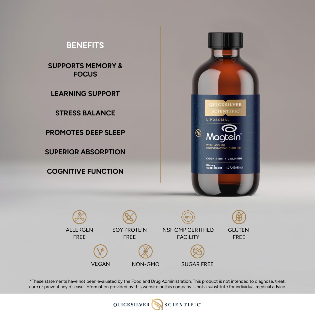 Quicksilver Scientific Liposomal Magtein - Magnesium Supplement for Brain Function Support - Stress, Sleep & Memory Support - Gluten-Free, Sugar-Free & Vegan - 15.2 fl oz (30 Servings) Quicksilver ScientificBuy Supplements Australia