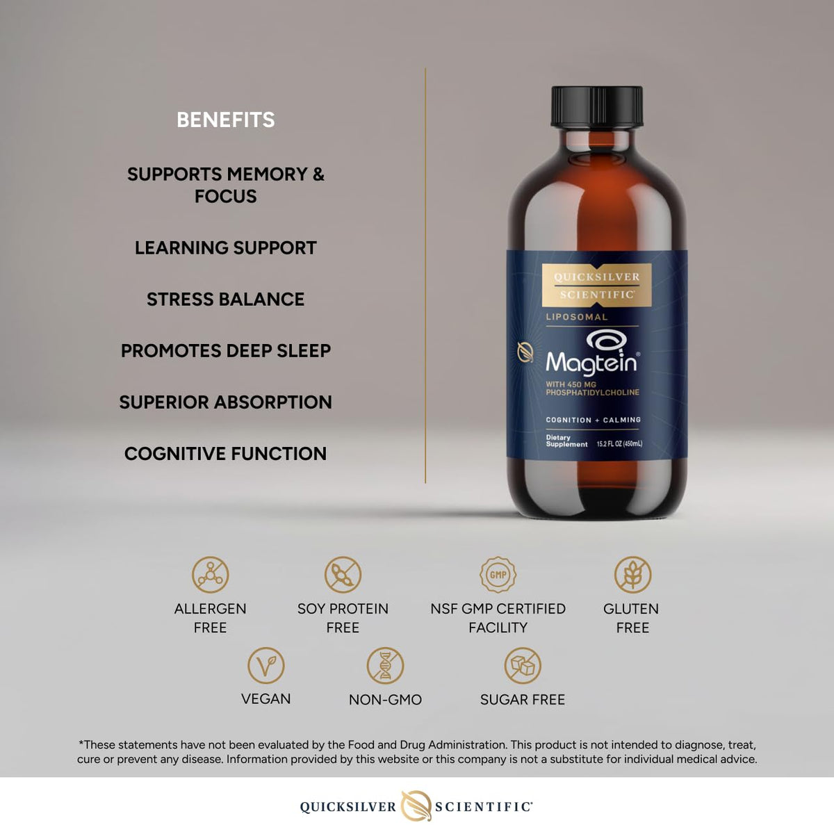 Quicksilver Scientific Liposomal Magtein - Magnesium Supplement for Brain Function Support - Stress, Sleep & Memory Support - Gluten-Free, Sugar-Free & Vegan - 15.2 fl oz (30 Servings) Quicksilver ScientificBuy Supplements Australia