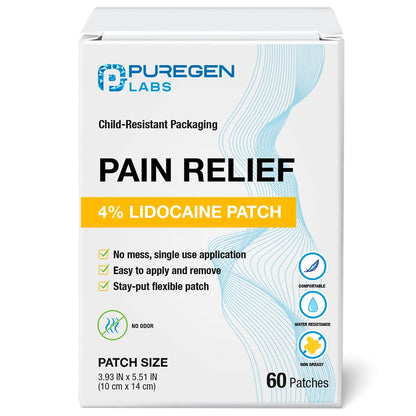 Puregen Labs Lidocaine 4% Numbing Patch - Total 60 Patches Maximum Strength | Fast Acting Temporary Relief of Aches | Back, Neck, Shoulders, Elbows and Knees P Puregen LabsBuy Supplements Australia