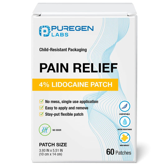 Puregen Labs Lidocaine 4% Numbing Patch - Total 60 Patches Maximum Strength | Fast Acting Temporary Relief of Aches | Back, Neck, Shoulders, Elbows and Knees P Puregen LabsBuy Supplements Australia