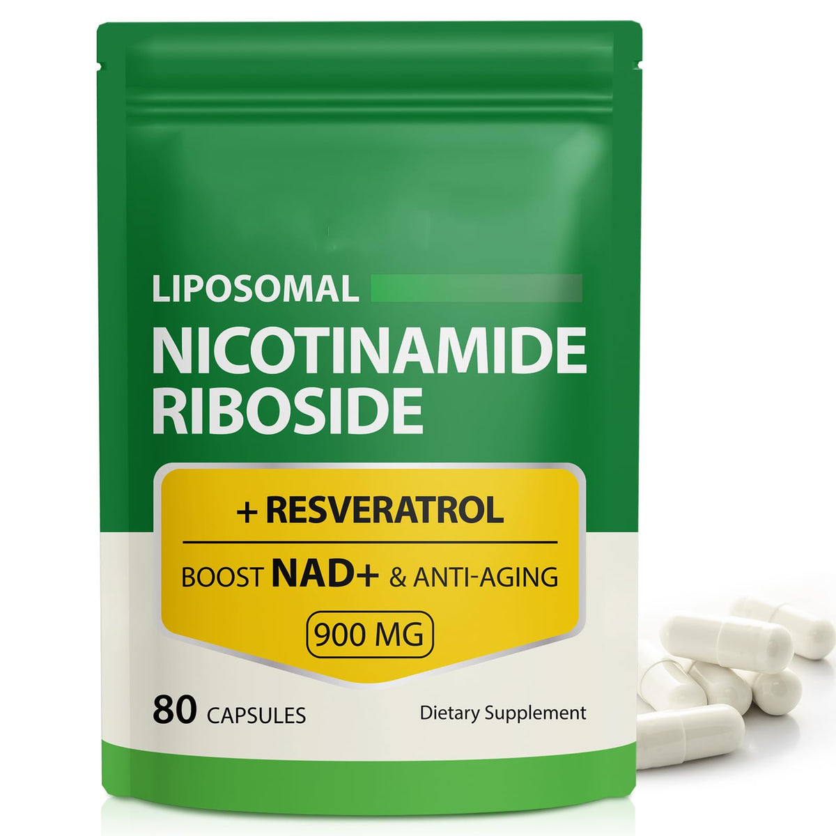 Supplement package with green and white design, featuring 'Liposomal Nicotinamide Riboside + Resveratrol' text.