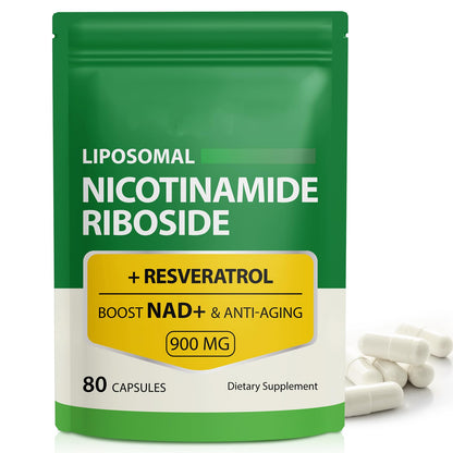 Supplement package with green and white design, featuring 'Liposomal Nicotinamide Riboside + Resveratrol' text.