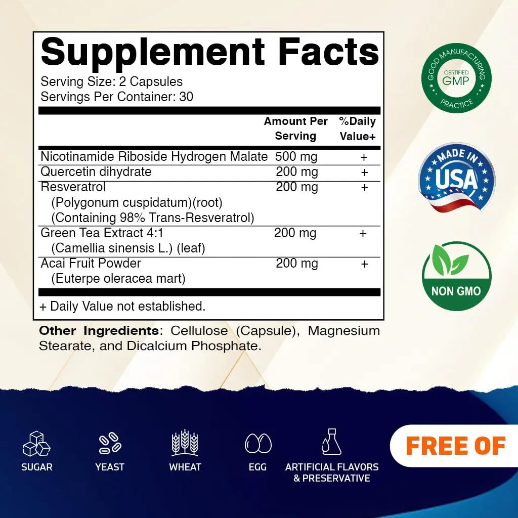 Vitamatic NAD Nicotinamide Riboside Supplement 1300mg 60 Ct - Support Healthy Aging, Cellular Energy Production, Made with Riboside, Quercetin, Resveratrol, Green Tea, & Acai Powder VitamaticBuy Supplements Australia