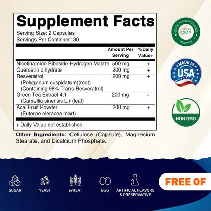 Vitamatic NAD Nicotinamide Riboside Supplement 1300mg 60 Ct - Support Healthy Aging, Cellular Energy Production, Made with Riboside, Quercetin, Resveratrol, Green Tea, & Acai Powder VitamaticBuy Supplements Australia