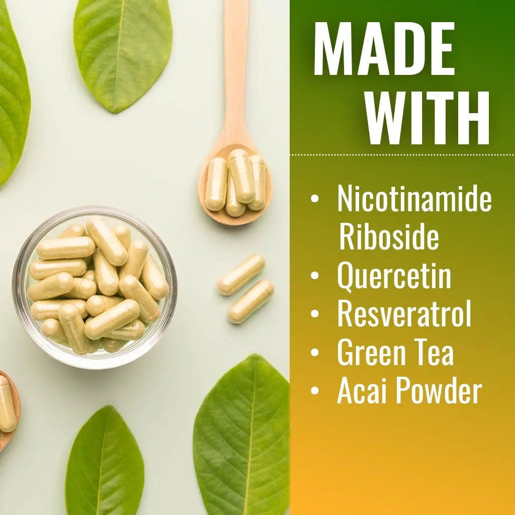 Vitamatic NAD Nicotinamide Riboside Supplement 1300mg 60 Ct - Support Healthy Aging, Cellular Energy Production, Made with Riboside, Quercetin, Resveratrol, Green Tea, & Acai Powder VitamaticBuy Supplements Australia