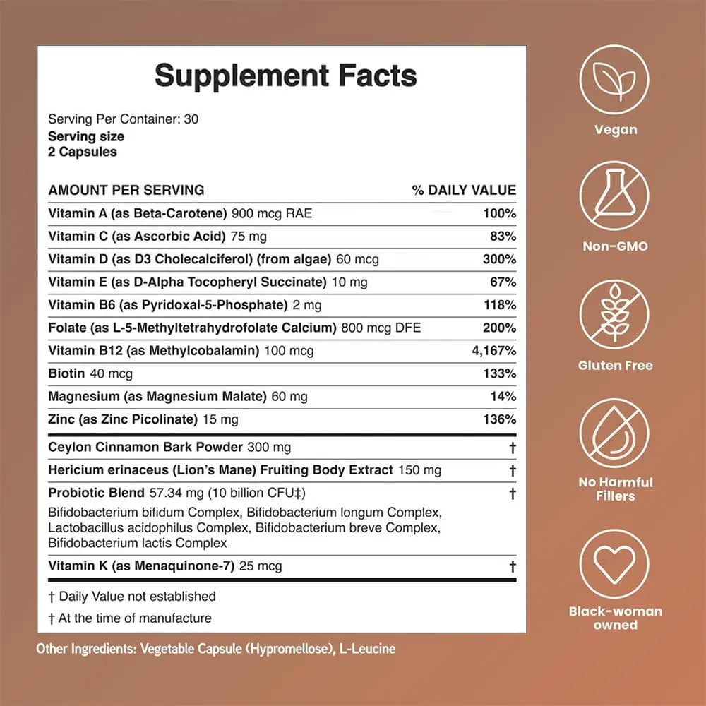 Mela Daily Essentials Multivitamin for Melanated Women - High-Dose Vitamin D3 and B12, Probiotics, Lion's Mane, Ceylon Cinnamon Mela