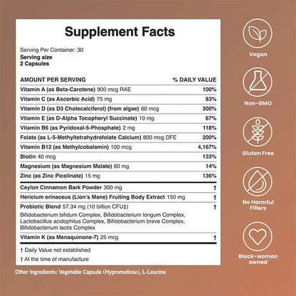 Mela Daily Essentials Multivitamin for Melanated Women - High-Dose Vitamin D3 and B12, Probiotics, Lion's Mane, Ceylon Cinnamon Mela
