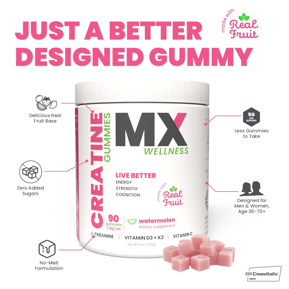 MX Wellness Creatine Monohydrate Gummies for Men & Women – Real Fruit Gummy Supplement for Muscle Growth, Recovery, Longevity, Cognitive Health & Memory – 90 Chews (90 Gummies, Watermelon) MX WellnessBuy Supplements Australia