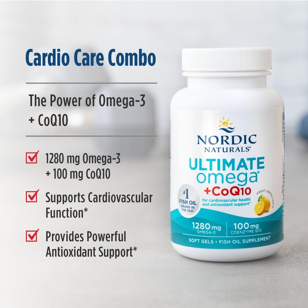 Nordic Naturals Ultimate Omega + CoQ10, Lemon - 120 Soft Gels - 1280 mg Omega-3 + 100 mg CoQ10 - Heart Health, Cellular Energy, Antioxidant Support - Non-GMO - 60 Servings Nordic Naturals buy supplements Au