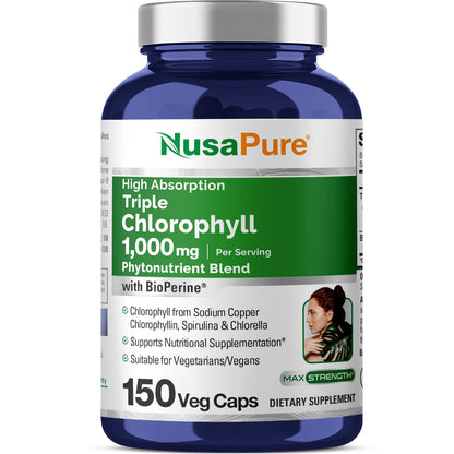 NusaPure High Absorption Triple Chlorophyll 1000 mg 150 Veg Caps Suitable for Vegetarians and Vegans, Non-GMO NusaPureBuy Supplements Australia