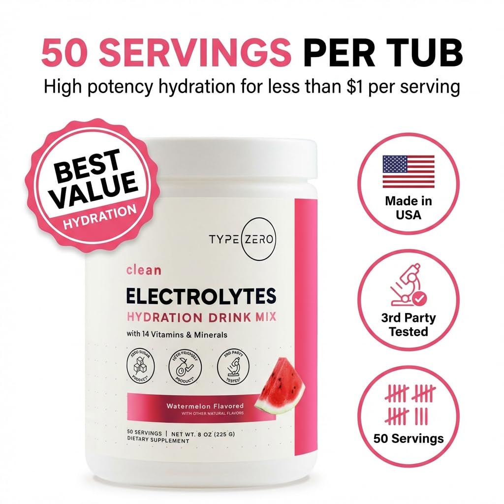 Type Zero Clean Electrolytes Hydration Powder Drink Mix + 14 Essential Vitamins & Minerals - Sugar Free, Zero Artificial Ingredients - Watermelon Flavor, 50 Servings Type ZeroBuy Supplements Australia