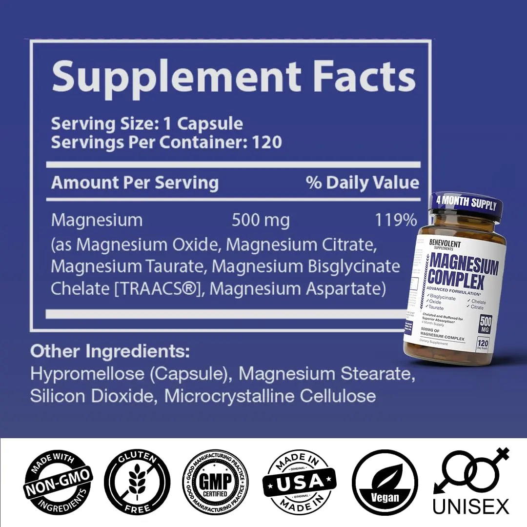 Magnesium Complex Supplement, 4 Month Supply of 500mg 5-in-1 Bisglycinate, Oxide, Taurate, Aspartate, Citrate, Max Absorption Magnesium Supplement for Calm, Sleep & Leg Cramps, 120 Capsule Benevolent Nourishment buy supplements Au