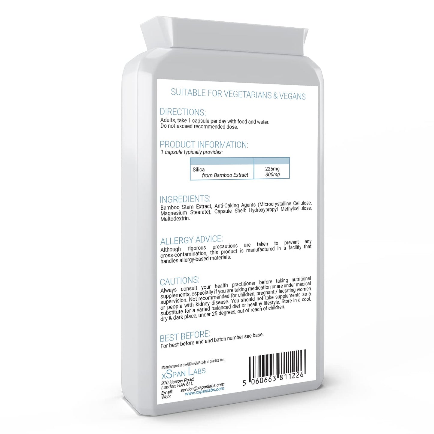 Silica 225mg – 90 Capsules - A Potent Highly Bioavailable Form - Naturally Sourced from Bamboo Extract - One-A-Day Vegan Capsules to Support Healthy Hair, Nails and Skin - Made in The UK Xspan LabsBuy Supplements Australia