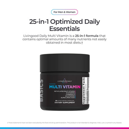 Livingood Daily Methylated Multivitamin for Women and Men, Multi Vitamin Supplement with Alpha Lipoic Acid, B Vitamins, Iron, Zinc and Selenium, Energy