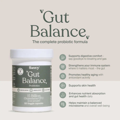 SAVVY Gut Balance Probiotics for Women & Men, 15 Billion CFU, 7 Clinically Studied Strains, Digestive Health, Immune Support, Bloating Relief, 60 Vegan Capsules, Non GMO, Sugar-Free SAVVY buy supplements Au