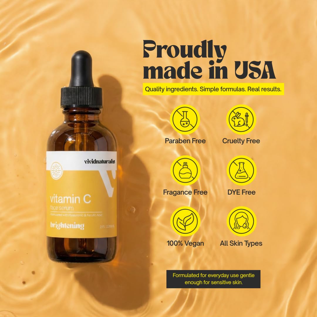 Vivid Naturals Vitamin C Serum For Face With Hyaluronic and Ferulic Acid 60ml Made In USA - Lightweight Non-Sticky Vit C Serum Face for Hydrating Brighter Smooth Fresh Skin Glow Fast Absorbing Vivid Naturals buy supplements Au