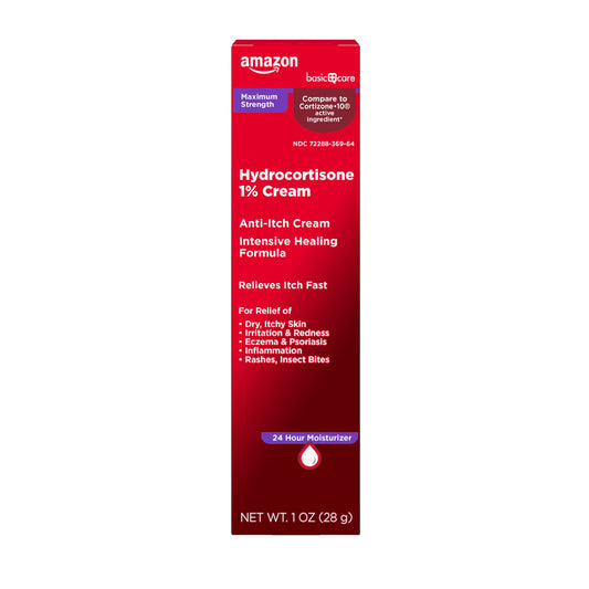 Amazon Basic Care Hydrocortisone 1% Cream packaging on a white background