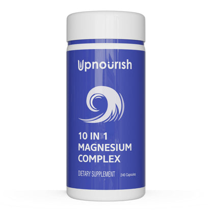 Supplement container labeled 'Upnourish 10 in 1 Magnesium Complex' on a white background
