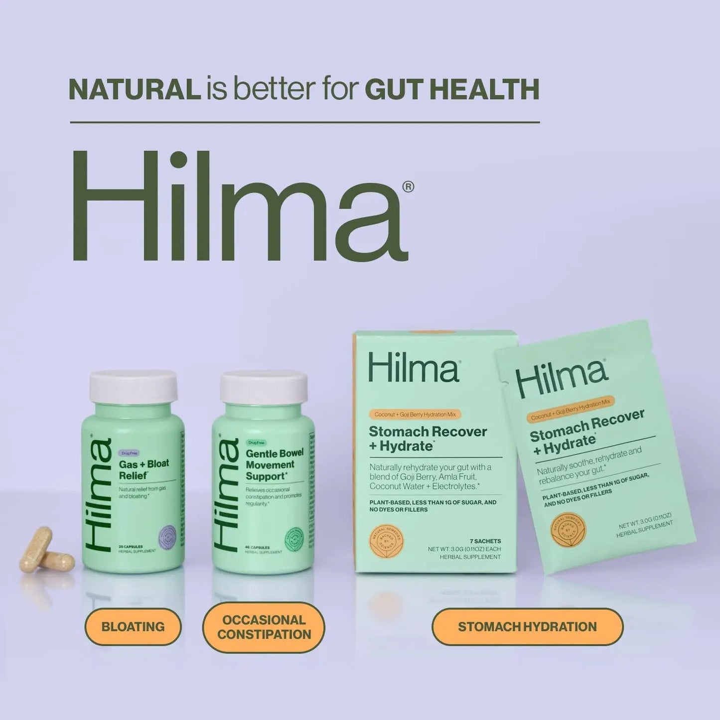 Hilma Natural Gas and Bloating Relief for Women, Doctor Formulated with Organic Ingredients, Lemon Balm, Fennel and Peppermint Leaf, 50 Vegan Capsules HilmaBuy Supplements Australia