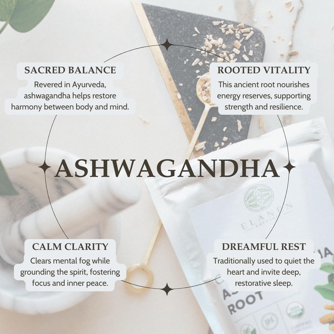 Elanen Naturals Organic Ashwagandha Root 4 oz. (113g), USDA Certified Organic Ashwagandha Root Loose Leaf Tea, Dried Withania somnifera, Cut & Sifted Elanen NaturalsBuy Supplements Australia